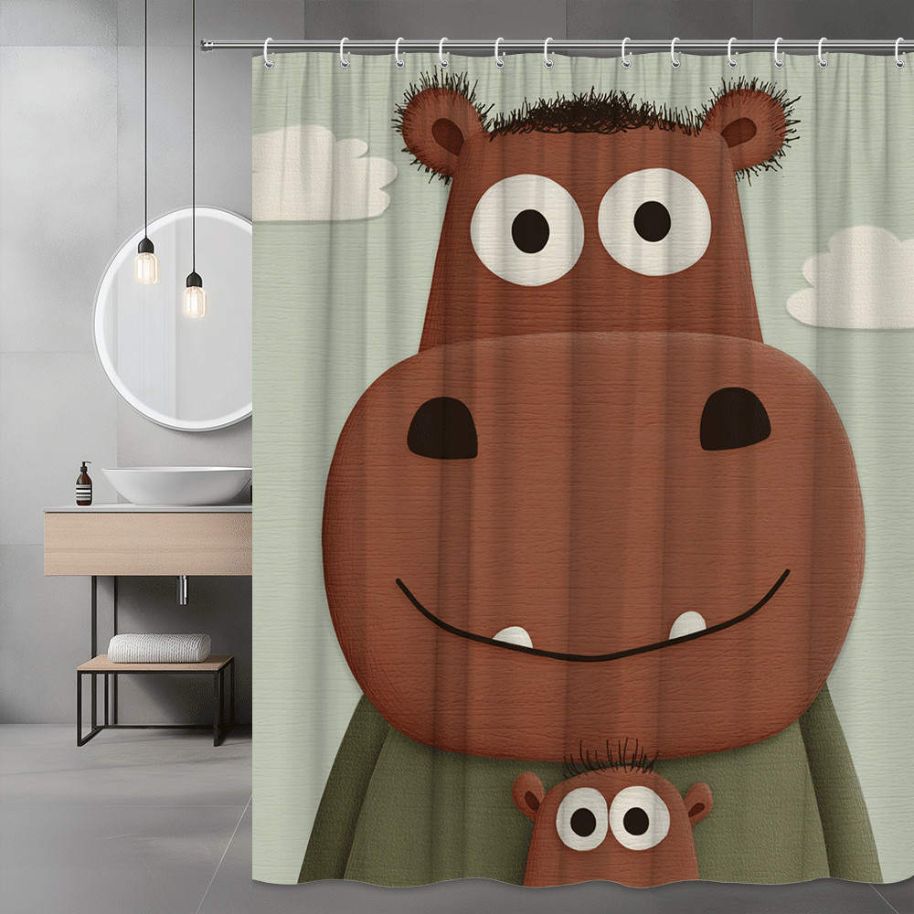 Cartoon Hippo Shower Curtain, Cute Animal Print, Nursery Decor