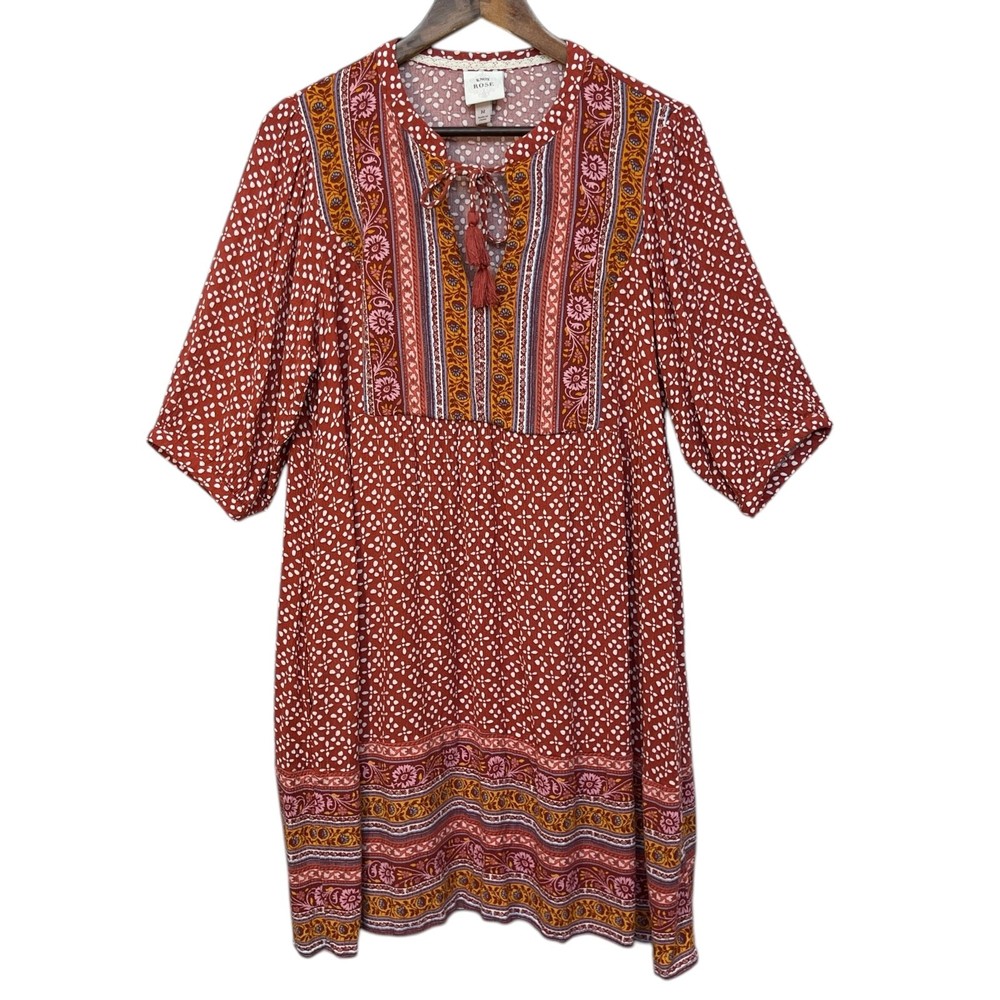 Knox Rose Women Fit & Flare Dress Size M Orange Floral Tassel 1/2 Sleeve Boho