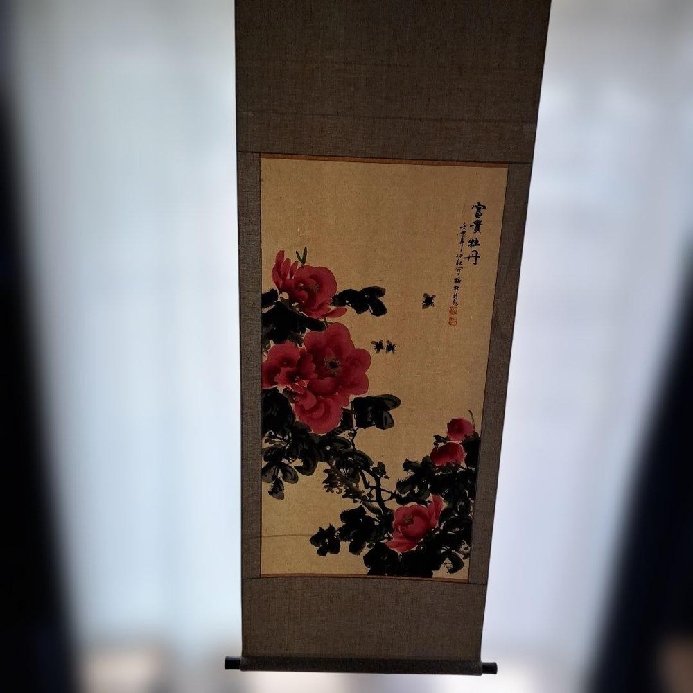 Peony Hanging Scroll with Butterfly Lucky Charm Japanese Art