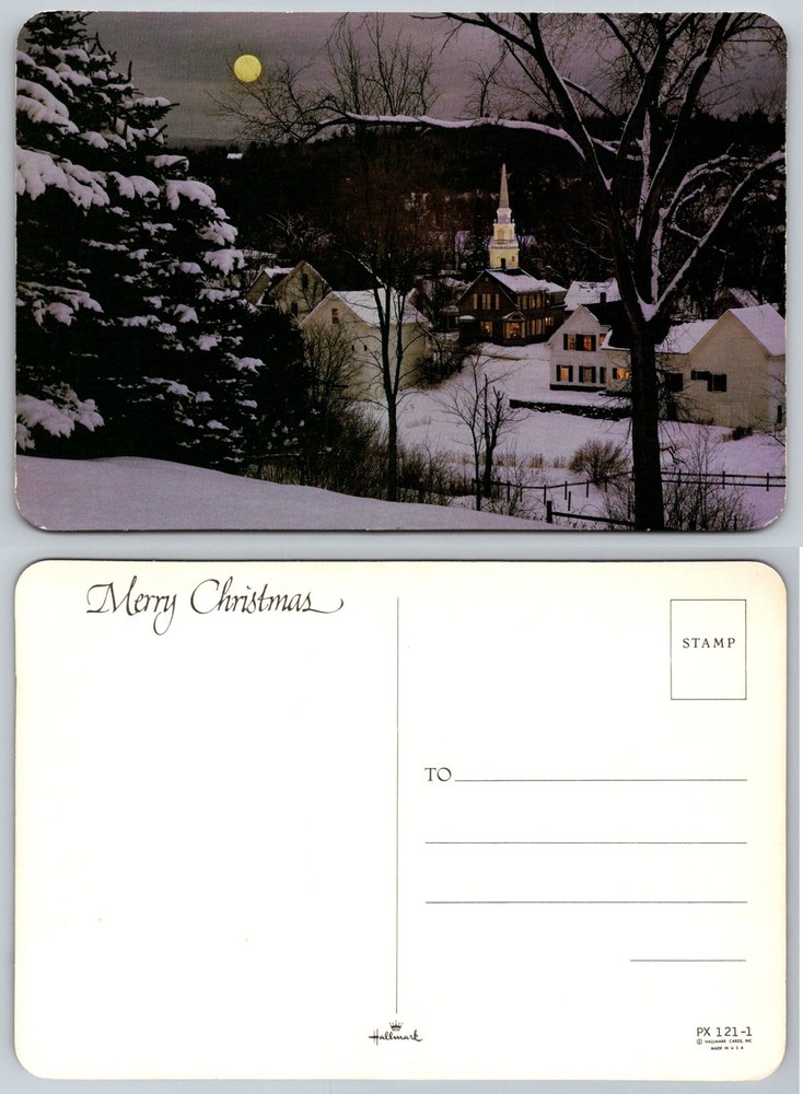 Vintage Hallmark Merry Christmas Snow Village Church Full Moon Postcard