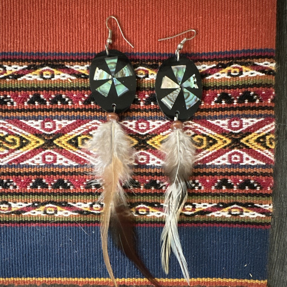 Mother of Pearl Inlay,Feather Dangle Earrings Silver handmade by Peruvian artist