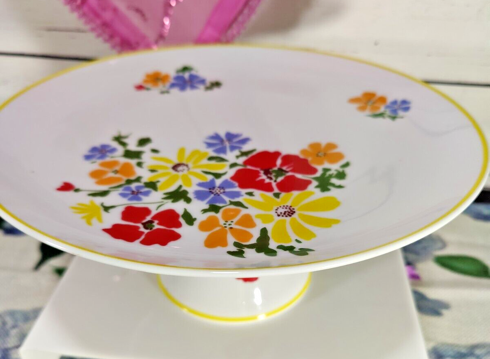 Vintage Rubel In Bloom Floral Ceramic Yellow Trim Cake Stand 10.5