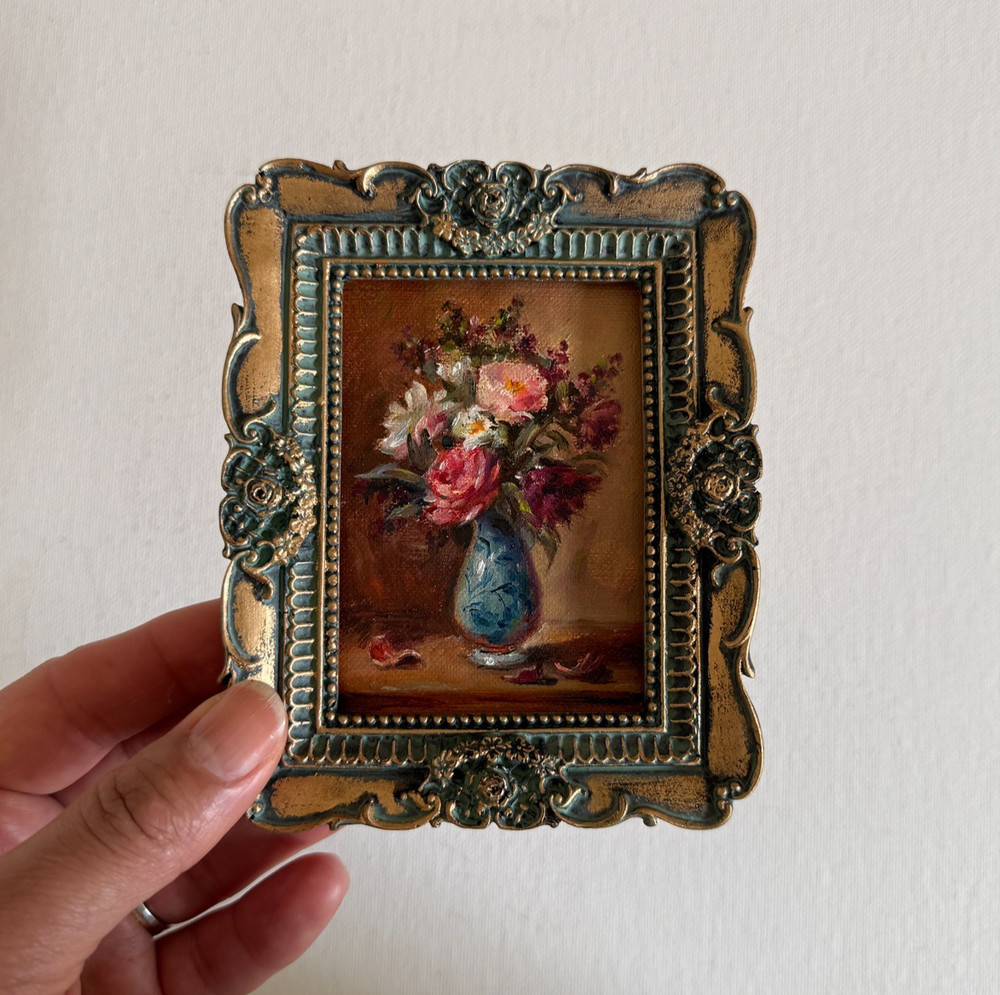Miniature Gold Framed Vintage Bouquet - Original Oil Painting Floral Art