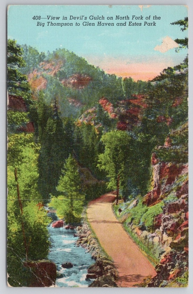 Devil's Gulch Estes Park Colorado Linen Postcard Big Thompson River View