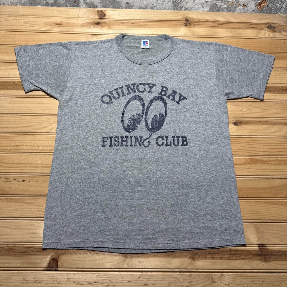 Vintage 90s Quincy Bay Fishing Club Outdoor Graphic Heather T-Shirt USA - Large