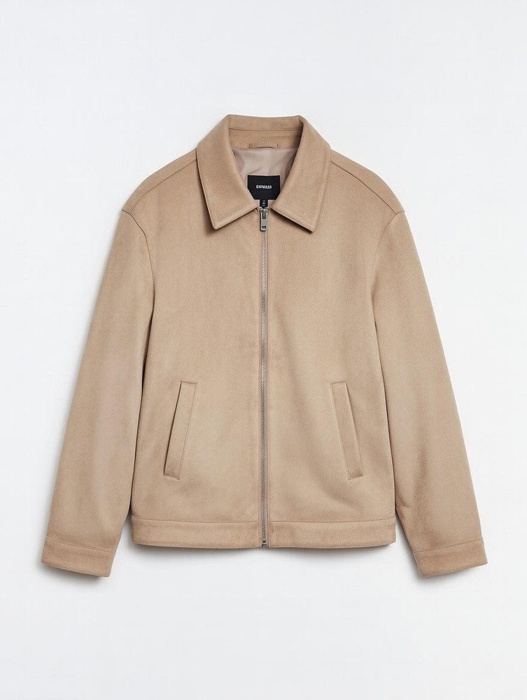 Express Men's Beige Suede Bomber Jacket Full Zip Spread Collar Size L