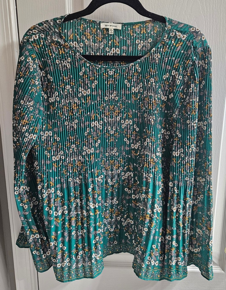 Women's Max Studio Green Floral Pleated Long Sleeve Blouse Top - Xl- Nwot - Mint