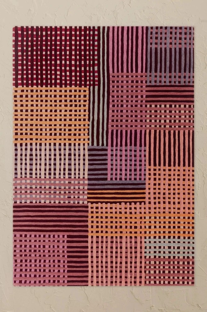 Luxurious Hand-Tufted Wool Rug | Rich Stripes & Textured Grids in Vibrant Tones