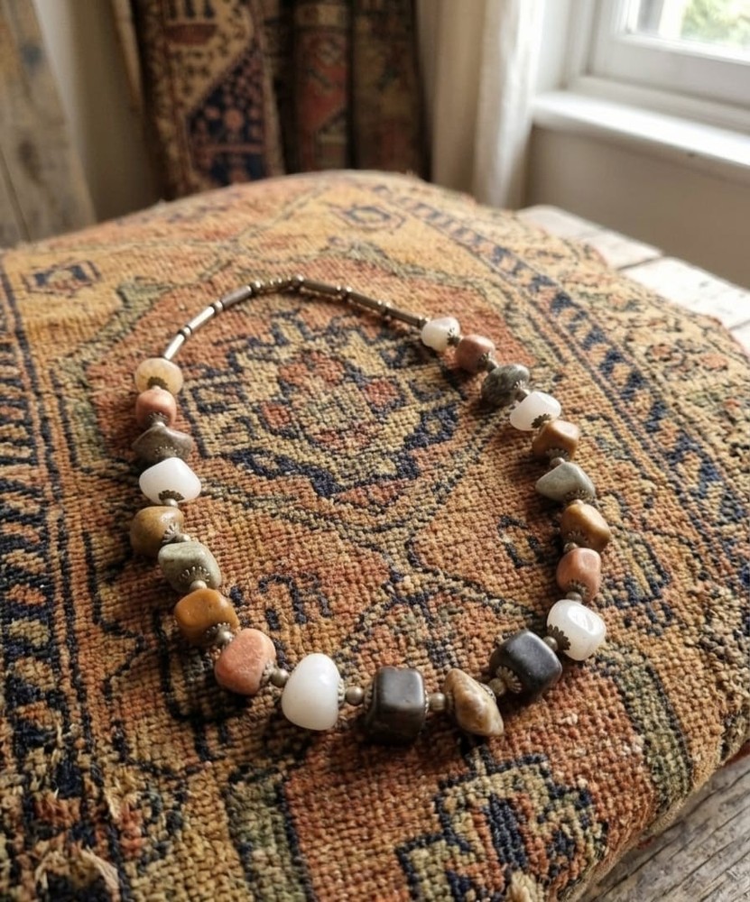 Vintage Natural Multi-Color Agate Nugget Bead Necklace Boho Gemstone Brass Clasp