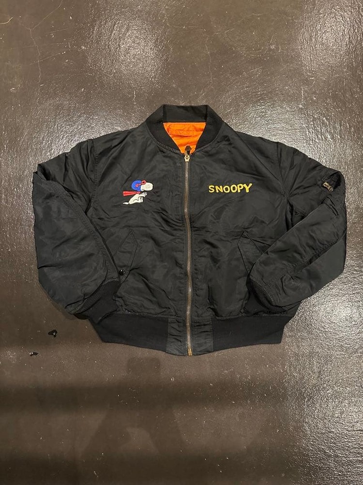 Snoopy Embroidered MA-1 Flight Jacket Black Orange Lining WW Flying Ace Text