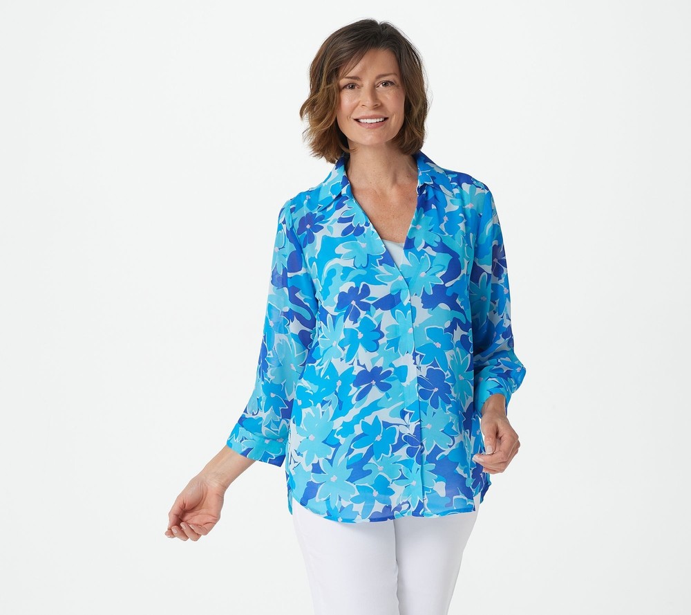 Belle by Kim Gravel Women's Top Sz L Abstract Floral Printed V-Neck Blue A392581