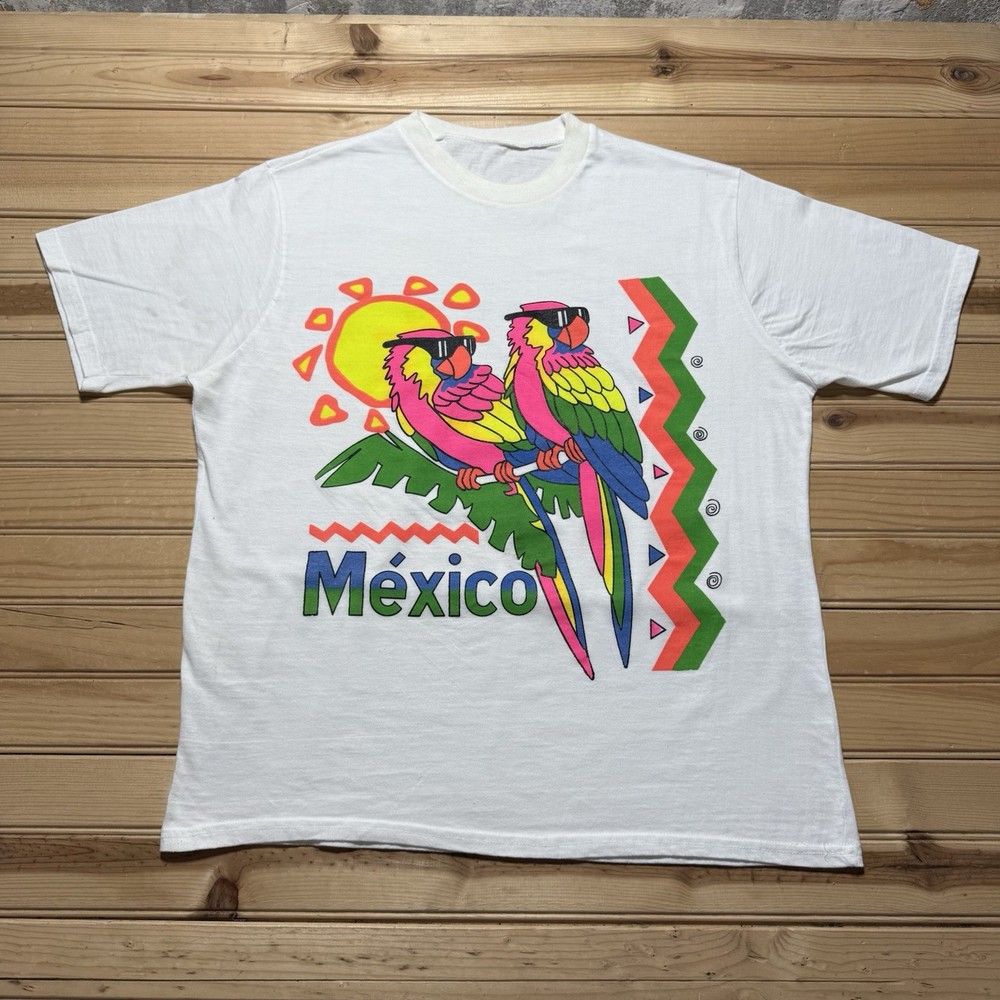 Vintage 80s Colorful Parrot Cool Birds Sunglasses Mexico Neon Beach Shirt Large