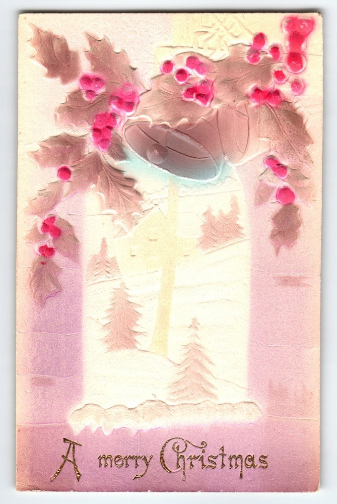 Vintage Embossed Christmas Postcard with Holly Berries and Bells