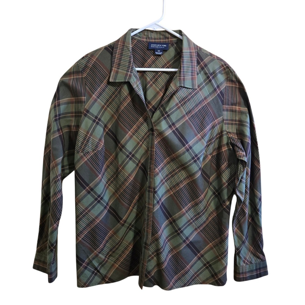 Jones New York Signature Women Button-Down Blouse Size 2X Green Plaid Career Top