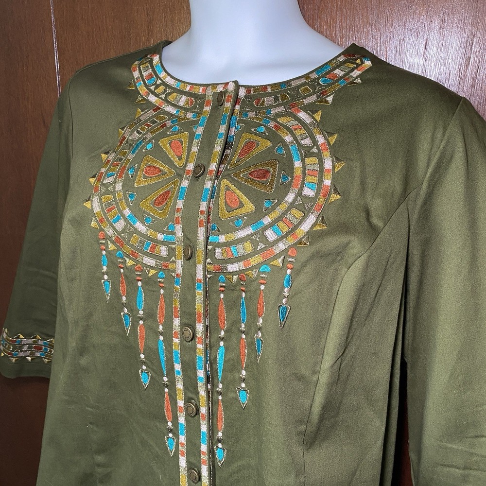 Bob Mackie Wearable Art Embroidered Southwestern Aztec Cotton Green Top 2X
