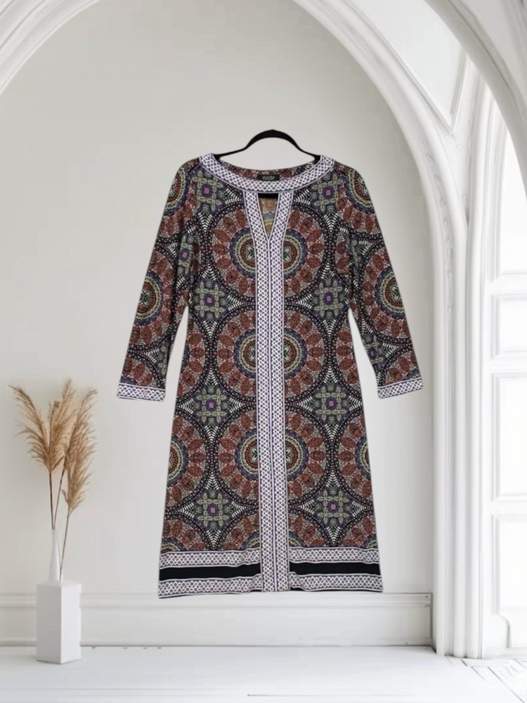 Peck & Peck Medallion Print Keyhole Midi Dress Women’s Size 4 Stretch Boho Chic