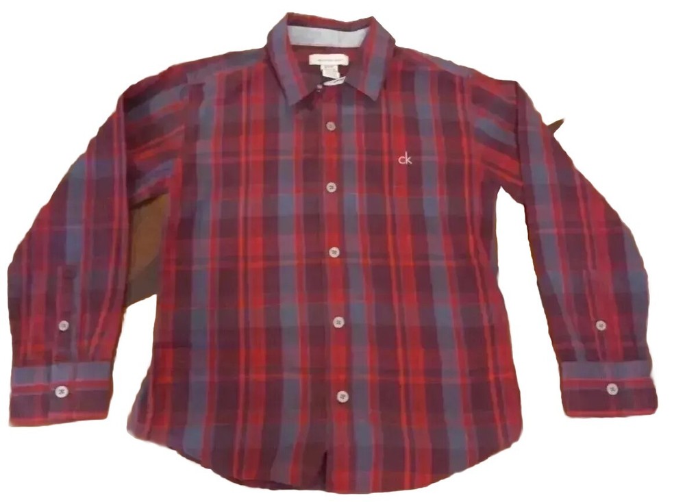 CALVIN KLEIN Jeans Boys Gray Red Maroon Button Shirt Long Sleeve Small 8