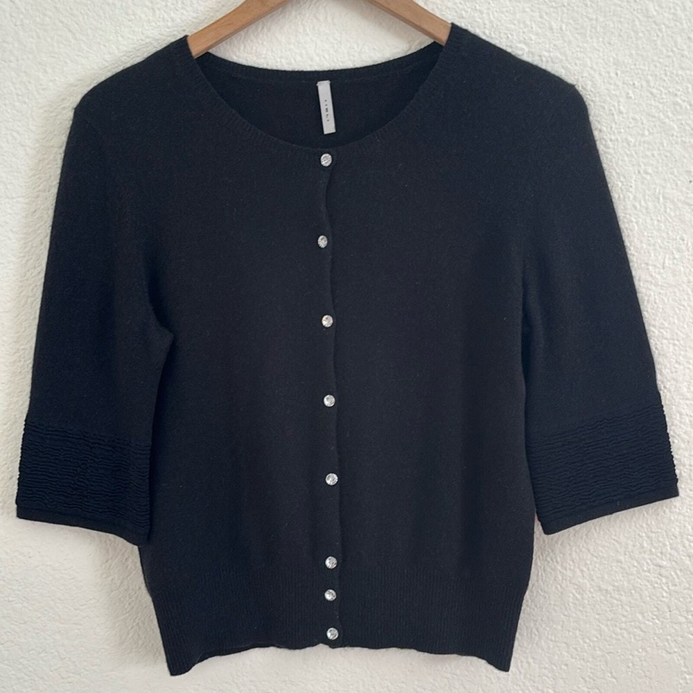 IISLI 100% Cashmere Crystal Button Down Black Classic Knit Cardigan Sweater