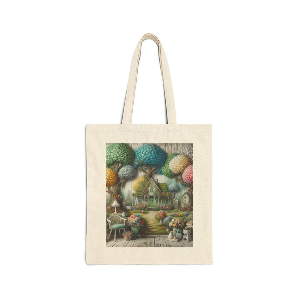 Whimsical Shabby Chic Cotton Tote Bag with Cottage and Trees Design