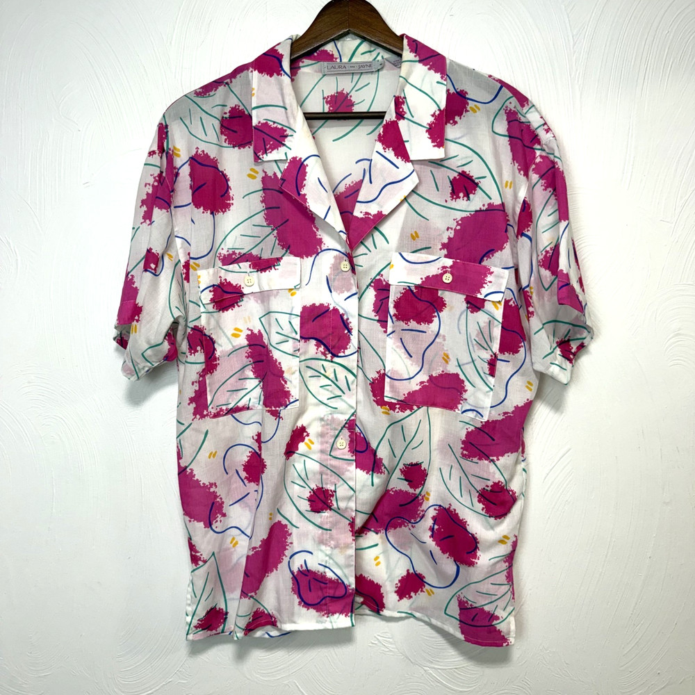 Vintage Laura & Jayne Women's 80s Hot Pink Abstract Design Button Down Blouse 8