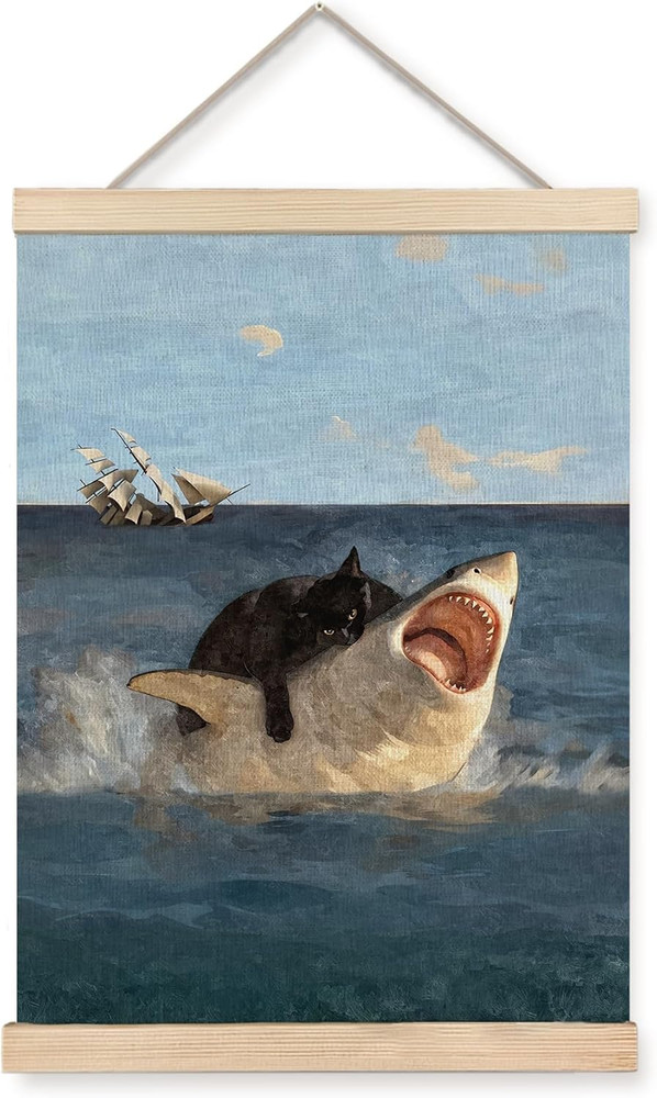 Funny Renaissance Fat Black Cat Vs Shark Meme Poster Wall Art Framed, Vintage Qu