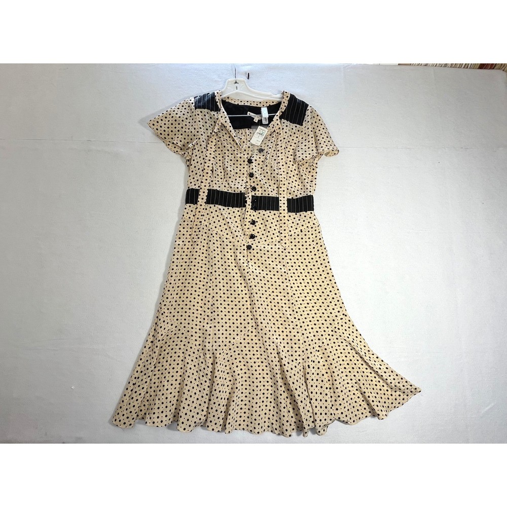 Nanette Lepore Polka Dot Midi Dress Black Trim Button Front Short Sleeve Size 10