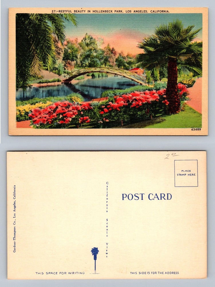 Los Angeles, CA-California, Hollenbeck Park Bridge Flowers Vintage Postcard