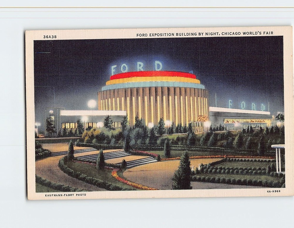 Postcard Ford Exposition Building at Night Chicago World's Fair Chicago Illinois