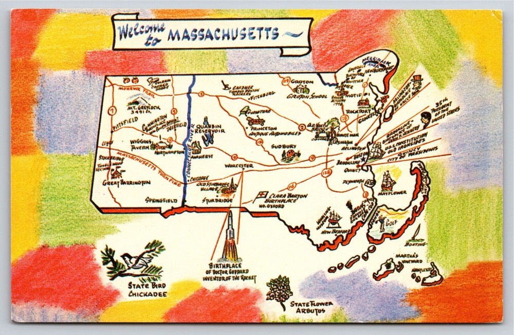 State Maps~Welcome To Massachusetts~Groton~Springfield~Chickadee~Vintage PC