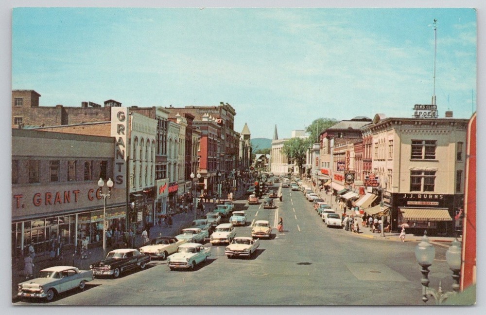 Glens Falls NY Main Street W.T. Grant Co. 1950s Chrome Postcard