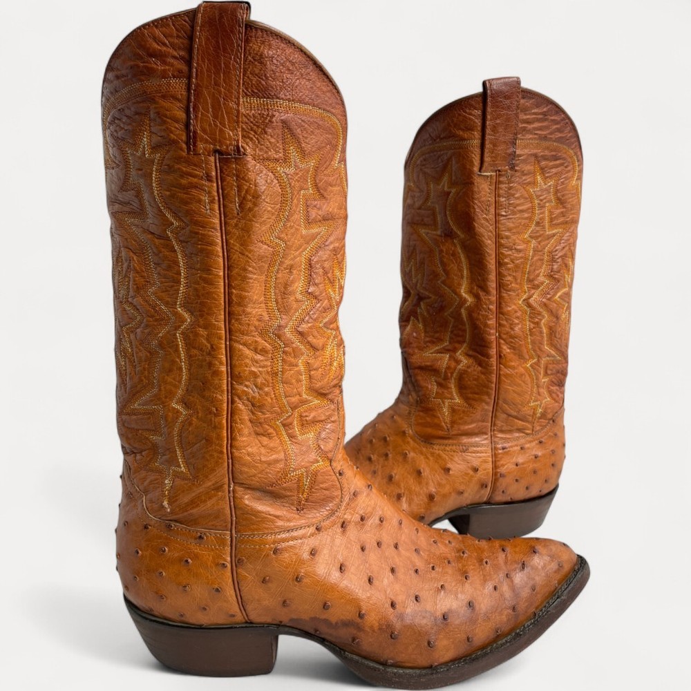 USA-Made Sienna Ostrich Leather Cowboy Boots for Men - Size 8 EE Wide