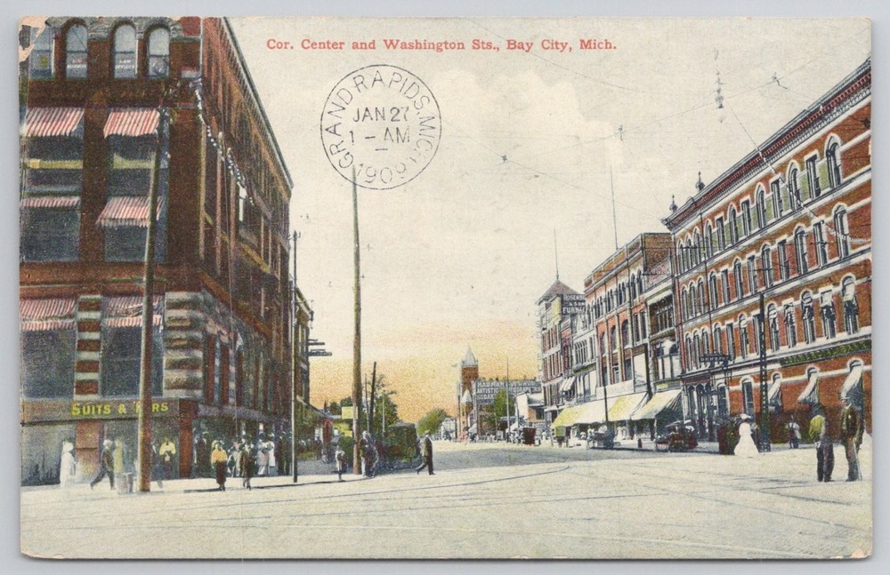 1909 Bay City Michigan Center & Washington Sts Street View Postcard Posted