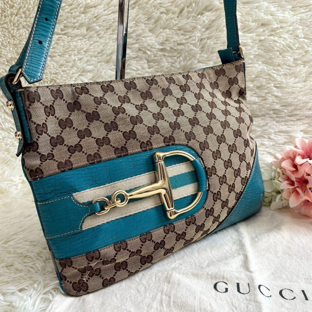 Gucci Horsebit Women's Shoulder Bag Crossbody GG Canvas Leather Blue Authentic