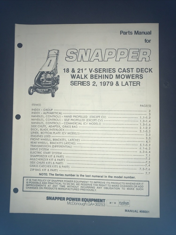 Snapper 18 & 21 V-Series, Series 2, Parts Manual