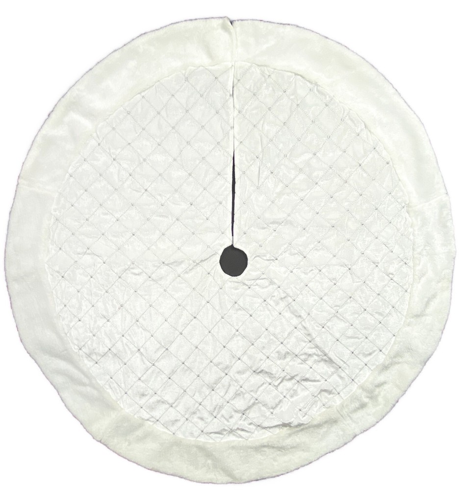 White Christmas Tree Skirt Silver Accent Hook Loop Closure Tabs Faux Fur-image