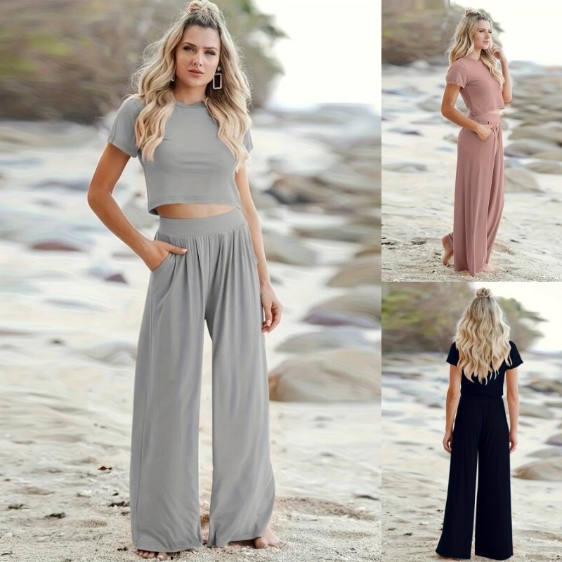 Women's Casual 2Pce Outfit-Sexy Short Sleeve Top&Wide-Leg Pants Set,Sporty Style