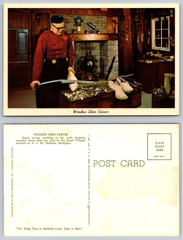 Wooden Shoe Carver Holland Michigan Postcard