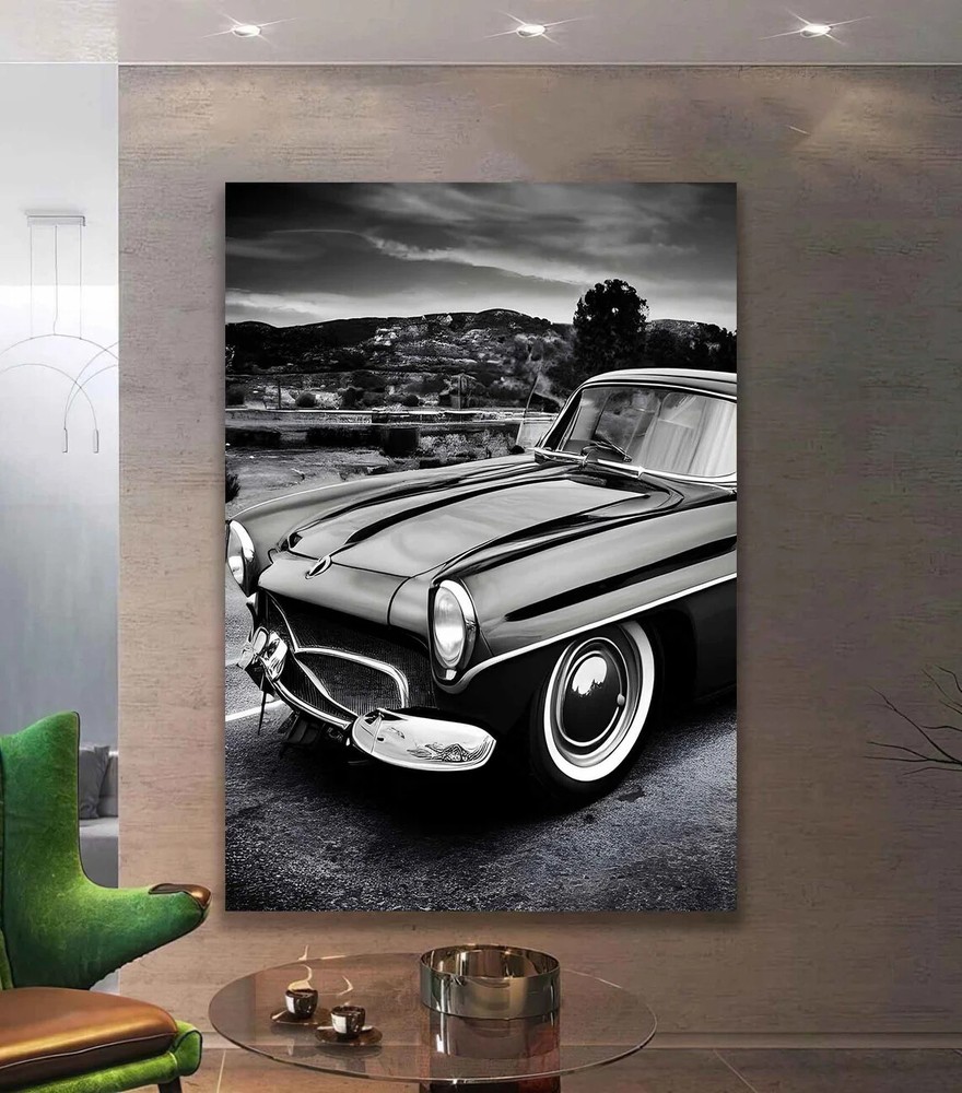Black And White Abstract Retro Vintage Car Wall Art Canvas Unframed Print Art