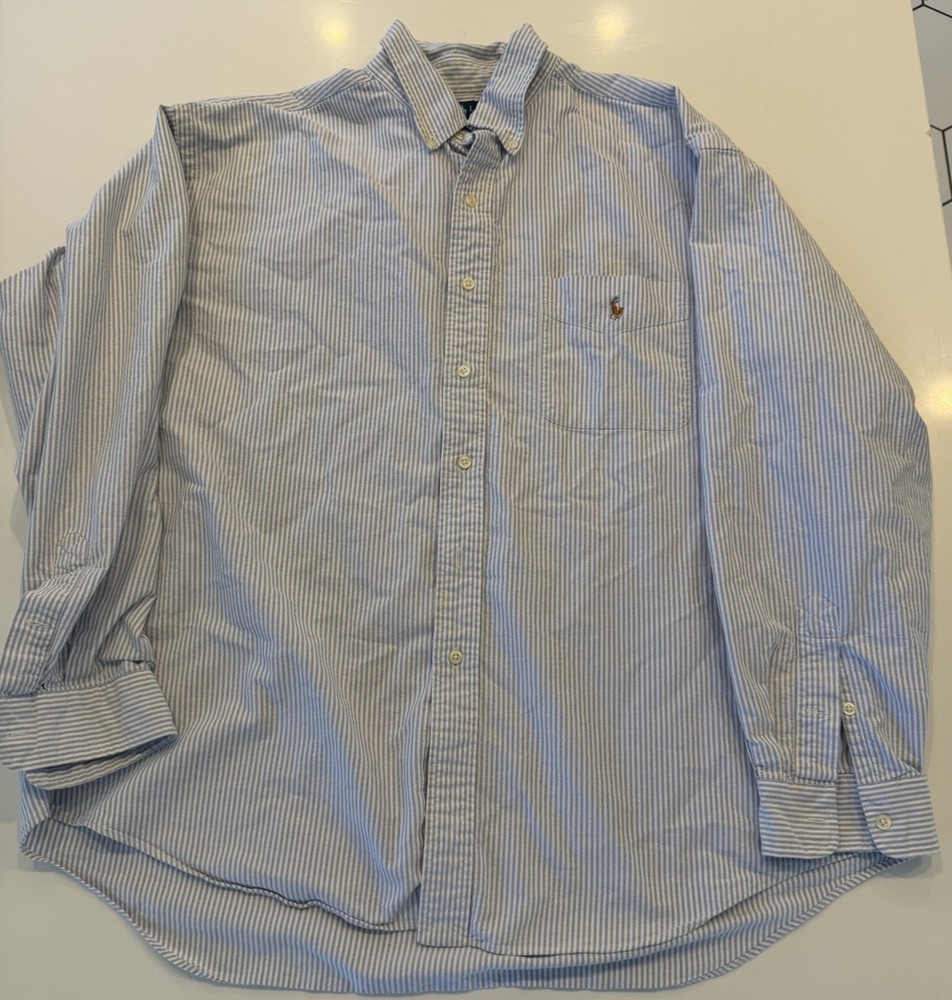 Ralph Lauren Big Shirt Men's XL Blue White Striped Cotton Pony Button-Down LS