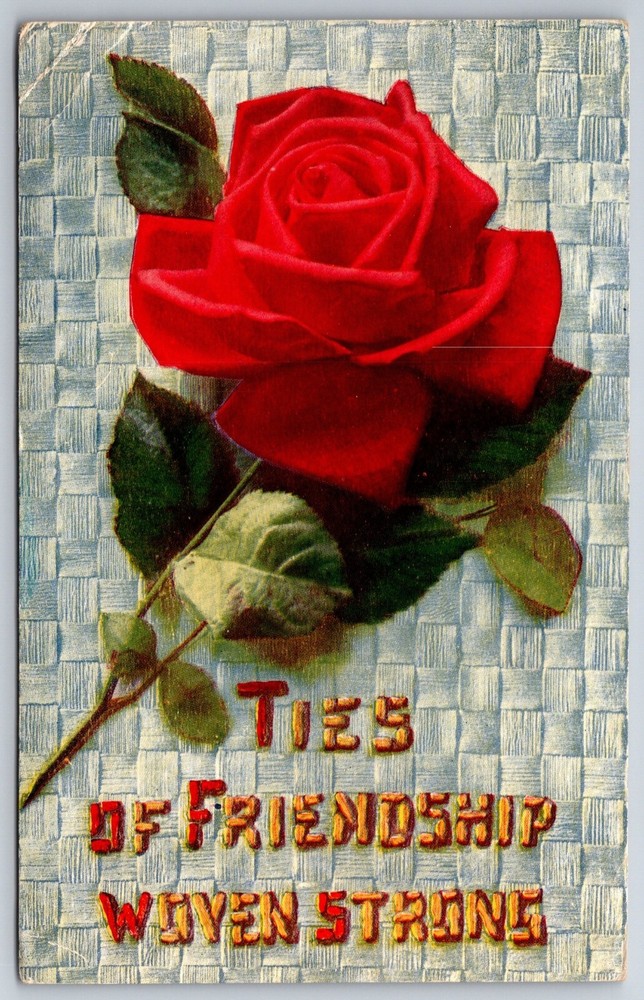 Greetings~Red Rose & Ties of Friendship Woven Strong~Vintage Postcard