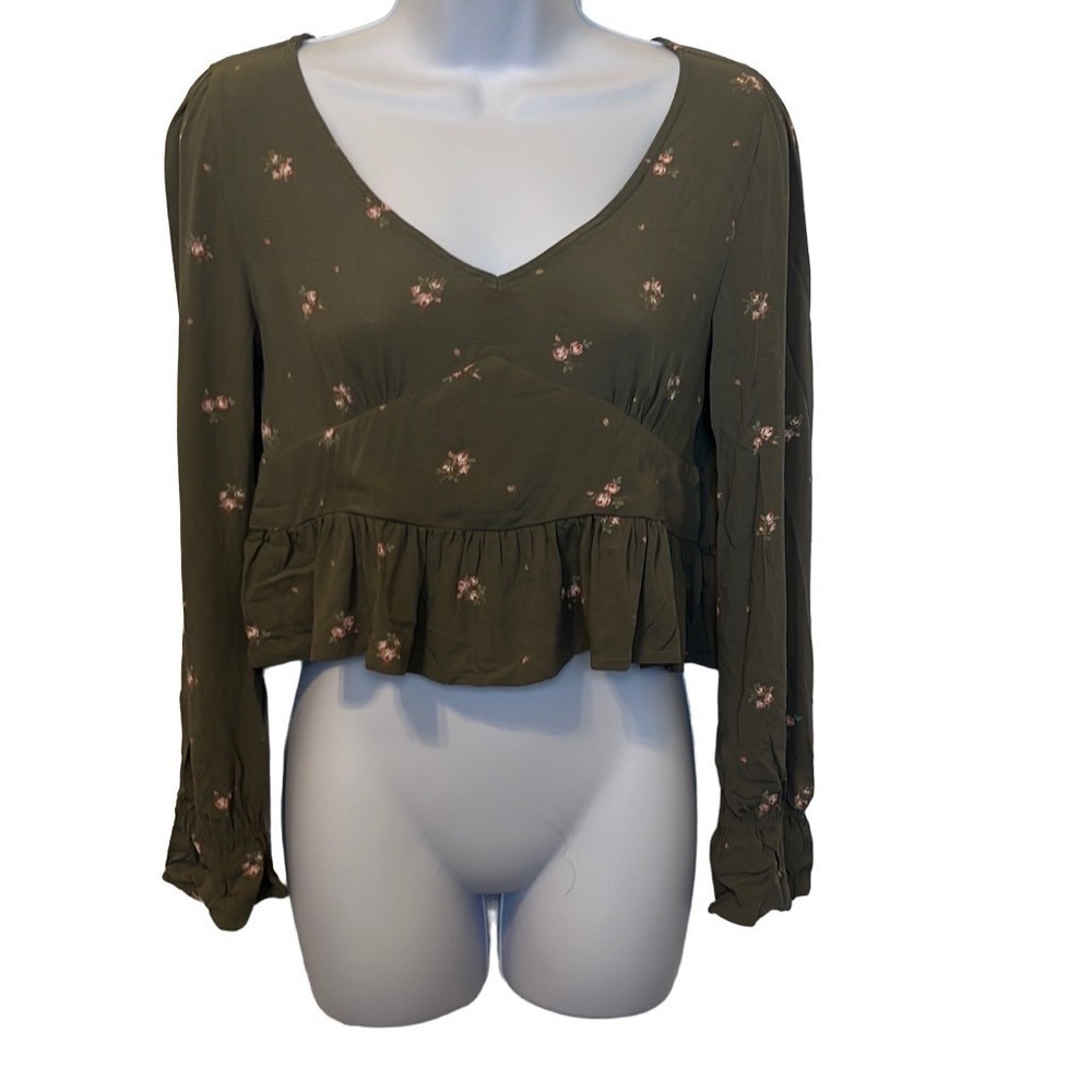 Arizona Jean Co Green Pink Floral V Neck Peplum Crop Top Long Sleeve Small Boho
