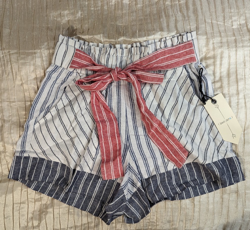 NWT, Size Small BanJara Women's Striped Paperbag Tie Front Linen Shorts
