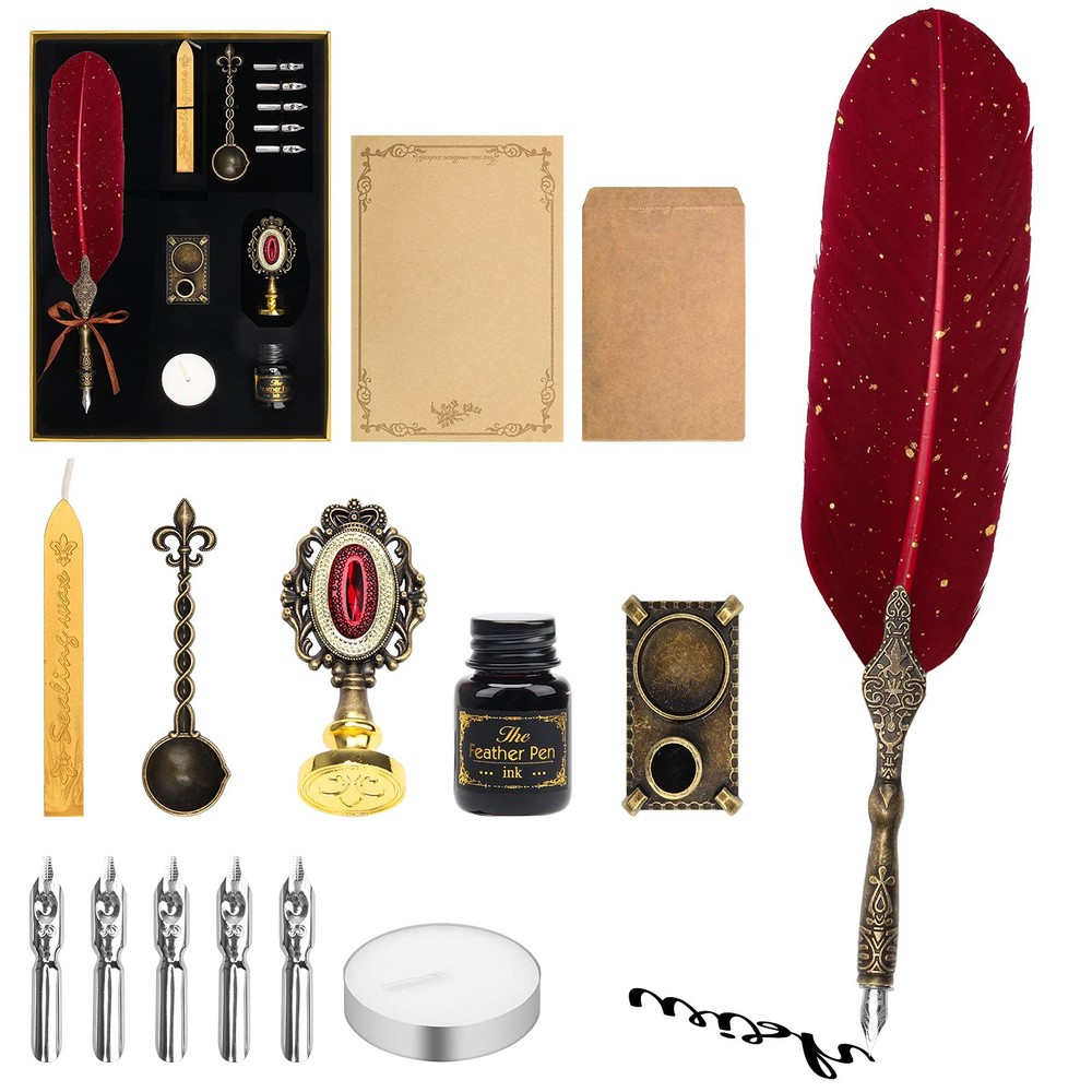 Quill Pen and Ink Set, Calligraphy Feather Pen Set with Wax Seal Stamp, Ink, ...