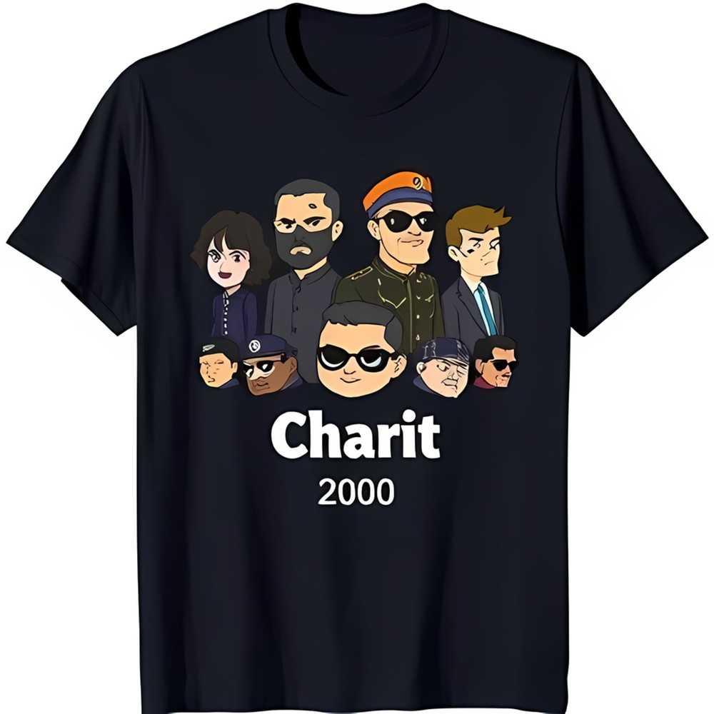 Black T-Shirt with Cartoon Man Graphic 'Charit 2000' Design