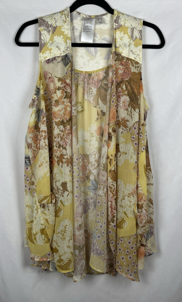 LOGO Lori Goldstein Yellow Floral Watercolor Sheer Open Front Drape Cardigan L