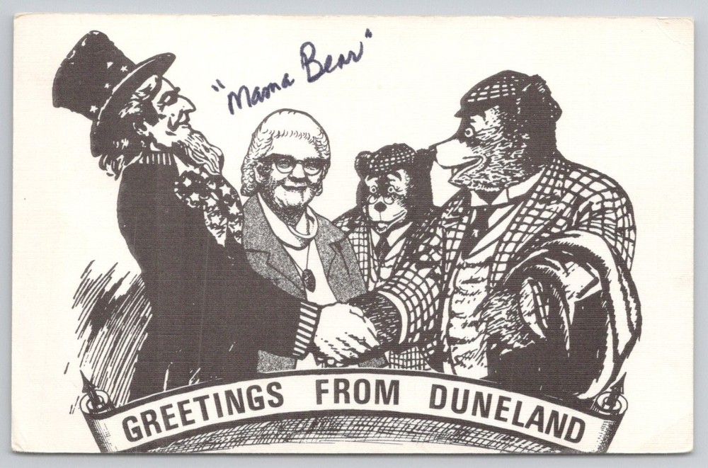 Duneland Post Card Club Uncle Sam Mama Bear Cartoon Postcard Vintage