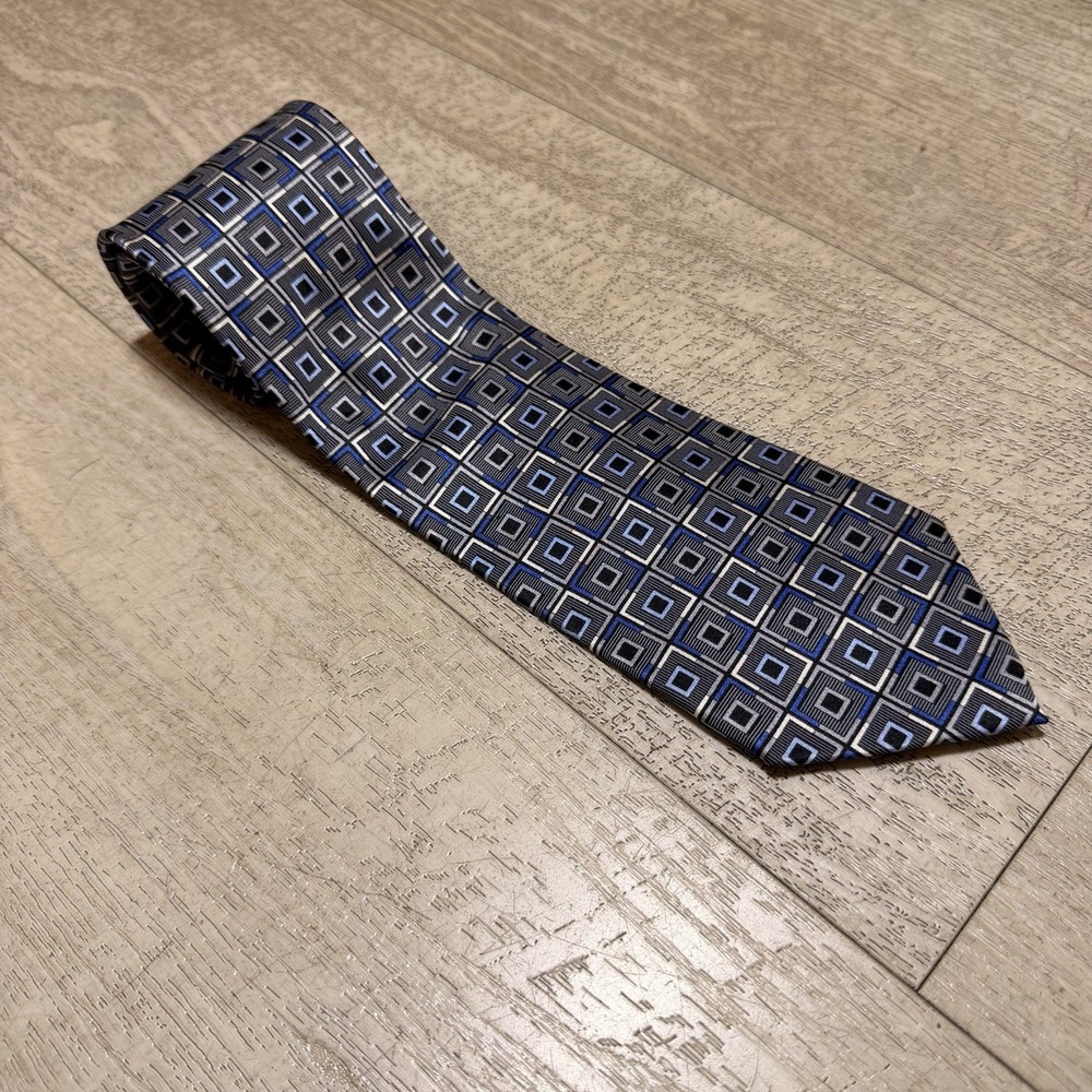 John Ashford Silk Tie Blue Gray Black Geometric Squares Mens Necktie Handmade