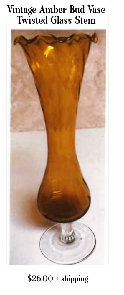 Vintage Amber Glass Bud Vase w/ Clear Swirl Base 8