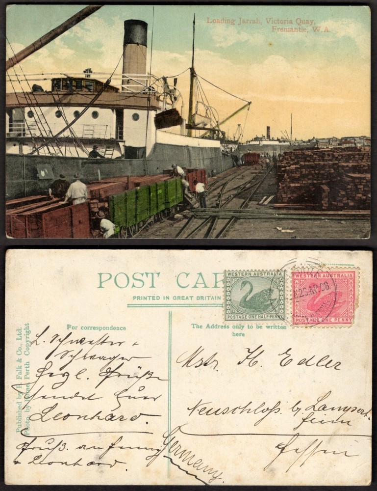 AUSTRALIA Fremantle Postcard 1908 Victoria Quay Loading Jarrah Timber Steamer