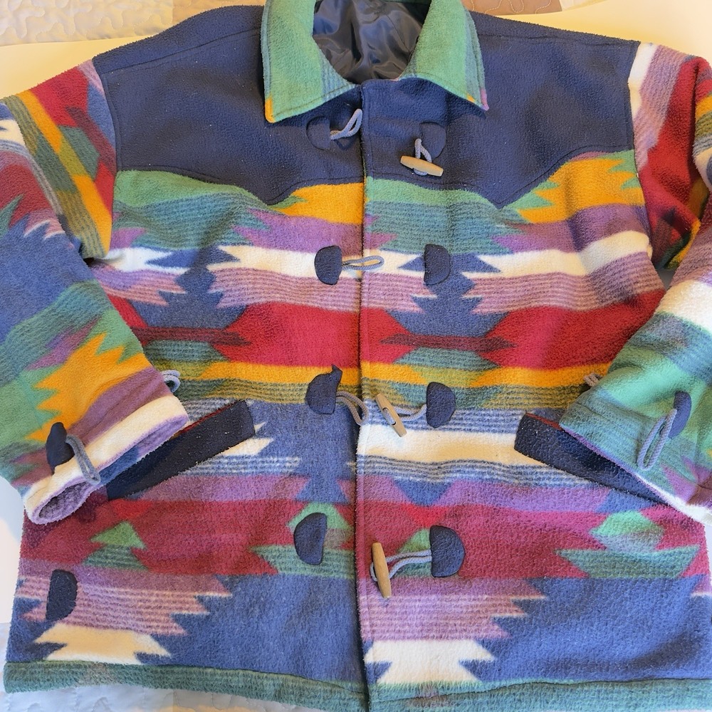 Vtg 90s MAYA Southwestern Fleece Duffle Jacket XL Aztec Tribal Missing Toggles